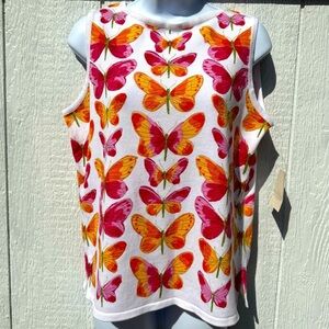NWT Susan Bristol Women’s White Pink Butterfly Sleeveless Knit Sweater Top M